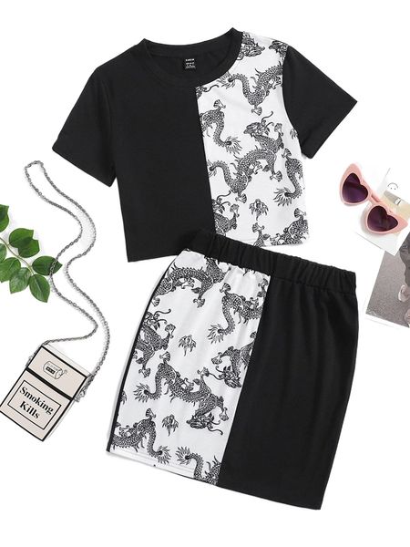 

contrast dragon panel tee & skirt f2eq#, White
