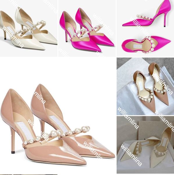 

famous summer brands aurelie women sandals shoes patent leather pointed toe lady pumps pearl embellishment high heels, Black