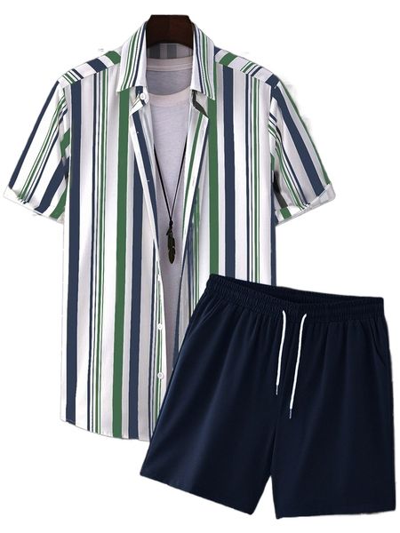 

men random colorful striped shirt & drawstring waist shorts without tee y4cb#, Gray