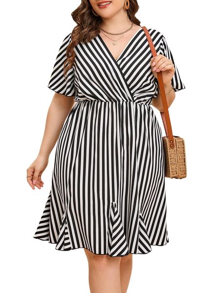 

plus striped surplice neck dress 13b3#, Black