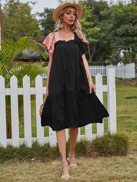 

ruffle trim colorblock smock dress o1tb#, Black;gray