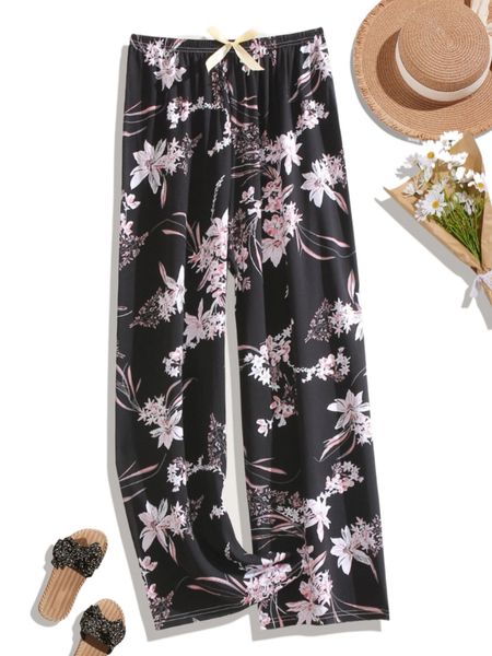 

floral print bow pants p7z5#, Black;white