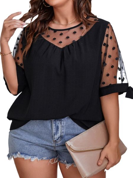 

plus contrast dobby mesh sleeve knot cuff 41sa#, Black