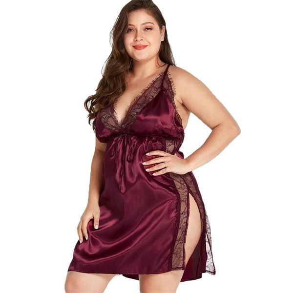 

plus size women babydoll sleep dress lace sling sleepwear erotic nightdres deep vneck night underclothes 5xl 35 y200425, Black;red