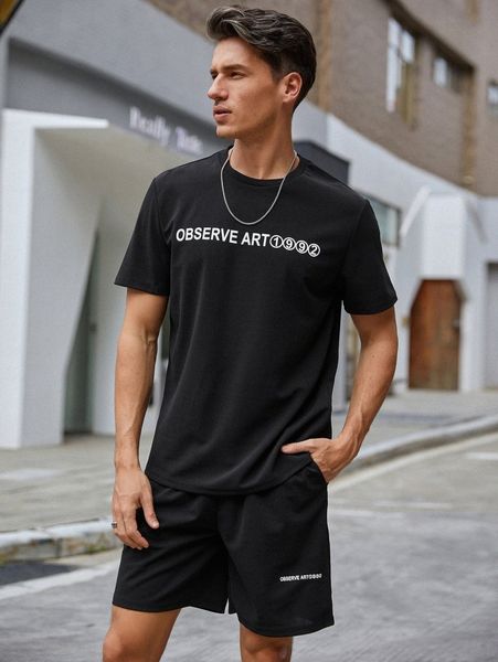 

men letter graphic tee & drawstring shorts 76oi#, Gray