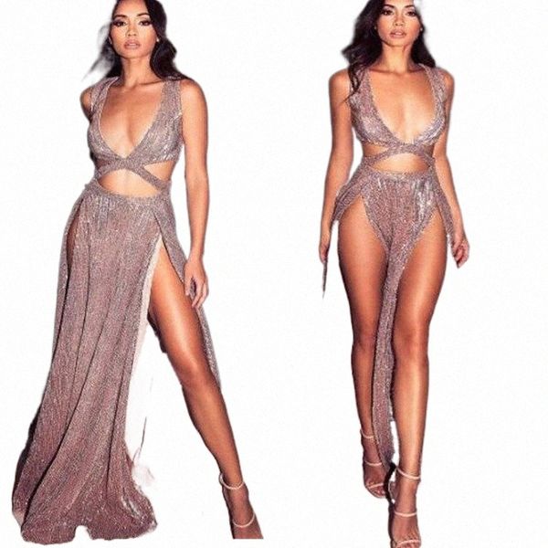 

casual dresses women bling glitter sequin hight slit maxi dress v neck hollow out bodycon club party slim vestidos p9ox#, Black;gray