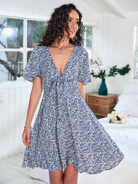 

ditsy floral tie front flutter sleeve plunge neck dress n6op#, Black;gray