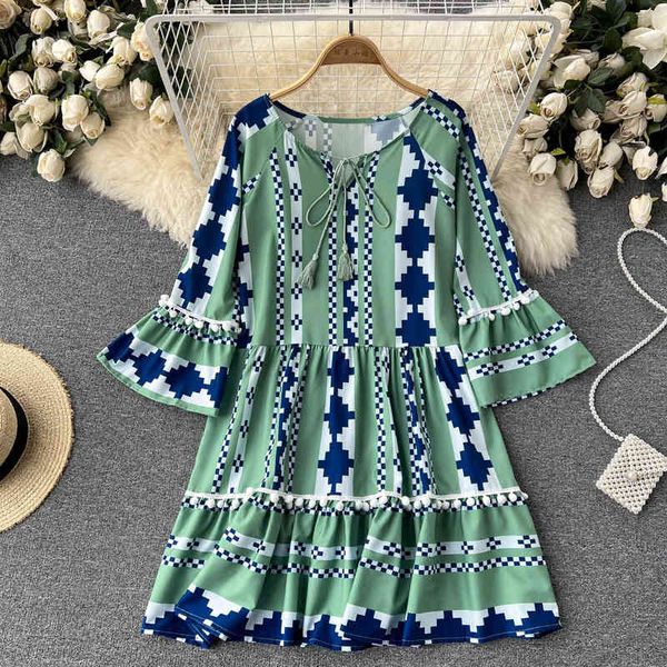 

casual dresses 2022 bohemian holiday hairball printed trumpet sleeve doll shirt small fresh fashion dress z5ga, Black;gray