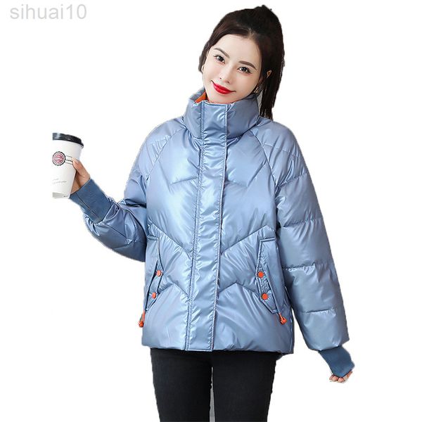 

new down cotton coat winter fashion stand-up collar pocket loose casual color contrast glossy temperament outerwear l220730, Black