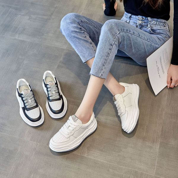 

genuine leather women platform sneakers spring casual sports little white shoes ladies thick soled vulcanized shoes, Black;yellow