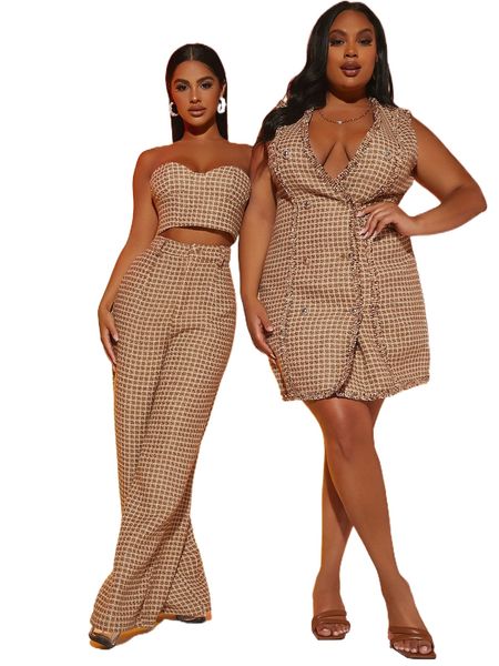 

plus 1pc double breasted plaid tweed dress 98e9#, Black