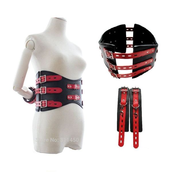 Bondage Fetisch PU-Leder offene Brust Taille Cincher Korsett mit Handfesseln Manschetten Kinky Trainingsspielzeug