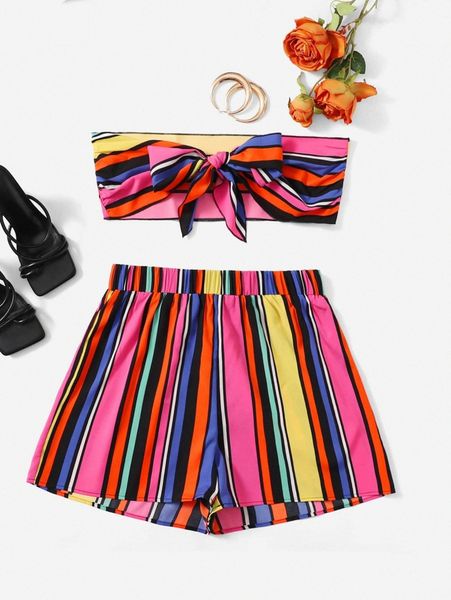 

plus block striped knot front tube & shorts b0qg#, Black