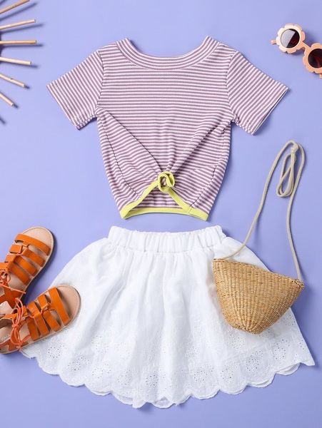 

toddler girls striped twist front tee & eyelet embroidery scallop hem skirt she, White