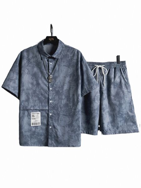 

men tie dye letter patched shirt & shorts s2sf#, Gray