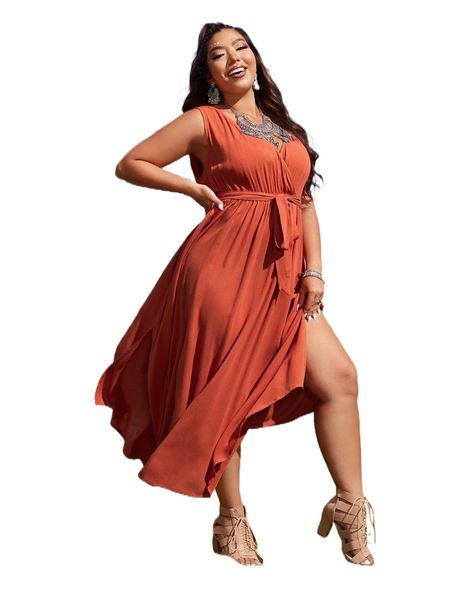 

plus surplice neck split hem belted dress m6mw#, Black