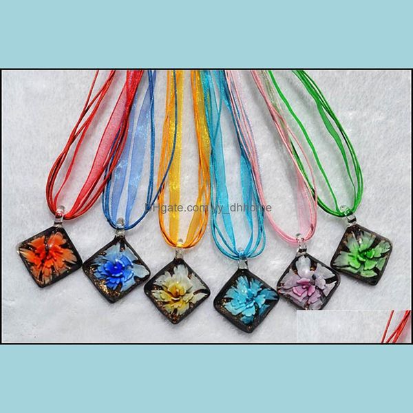 Colares pendentes pingentes jóias moda 6color mista de vidro de lâmpada murano de murano dentro do fluxo de rotação quadrada DHVNS
