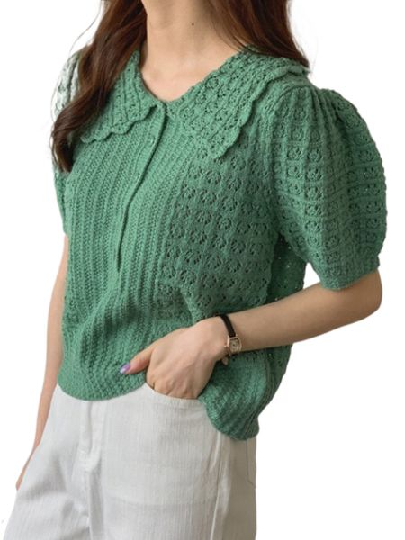 

dazy puff sleeve button half placket textured knit j8fb#, White;black