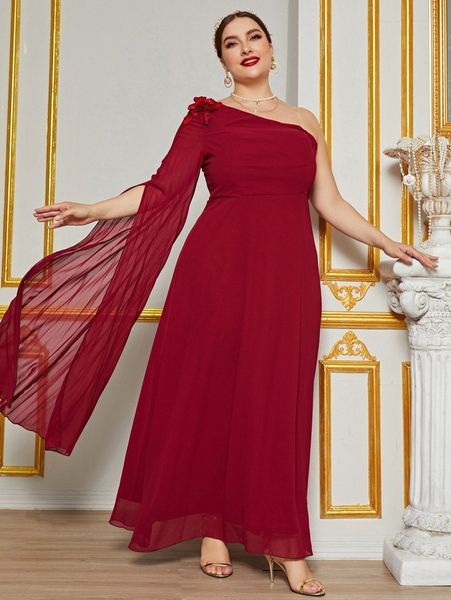 

plus one shoulder split sleeve stereo flower chiffon prom dress f2xz#, Black