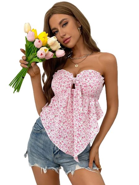 

ditsy floral tie front shirred bandana hem peplum tube q11v#, White