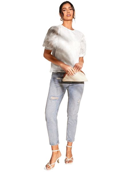 

puff sleeve jacquard g2qr#, White