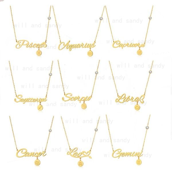 Edelstahl 12 Sternzeichen Halskette Anhänger Goldkette Jungfrau Krebs Buchstaben Anhänger Charm Stern Astrologie Halsketten für Frauen feiner Modeschmuck