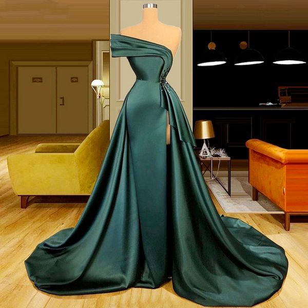 Abiti da sera lunghi in raso verde scuro da ballo 2022 Abiti eleganti da laurea con perline increspate Abiti divisi robes de soir￩e B0503