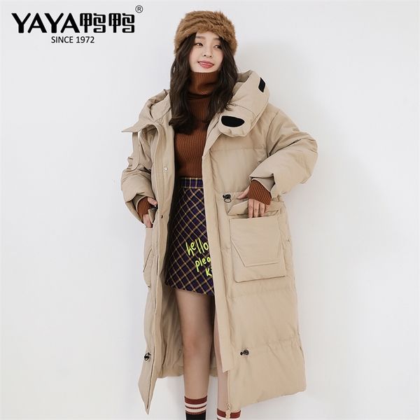 

yaya extended women's warm hooded hat undetachable big pocket down jacket winter 90% duck down female snow clothing 201128, Black