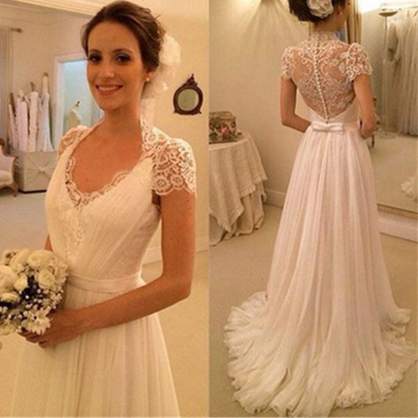 

women's cap sleeve vintage lace bridal dress princess a line wedding dress appliques robe de mariÃ©e custom made, White