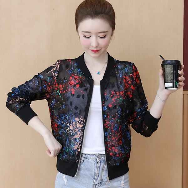

2022 fashion chiffon print sun protection bomber jackets women clothes summer zipper baseball sunscreen jacket coat, Black;brown
