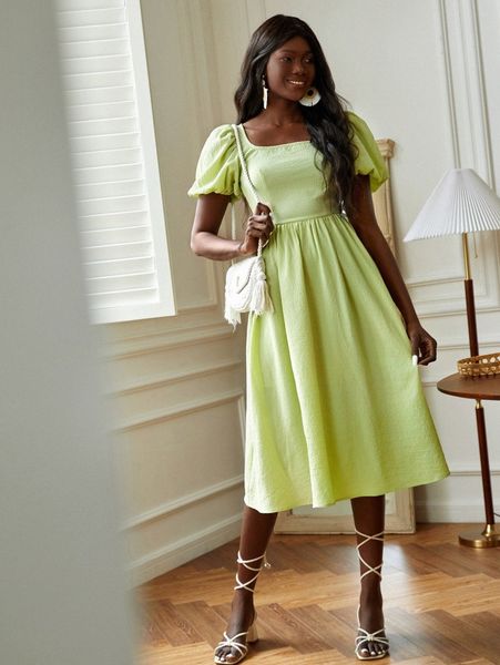 

puff sleeve cut out tie back dress a3a7#, Black;gray