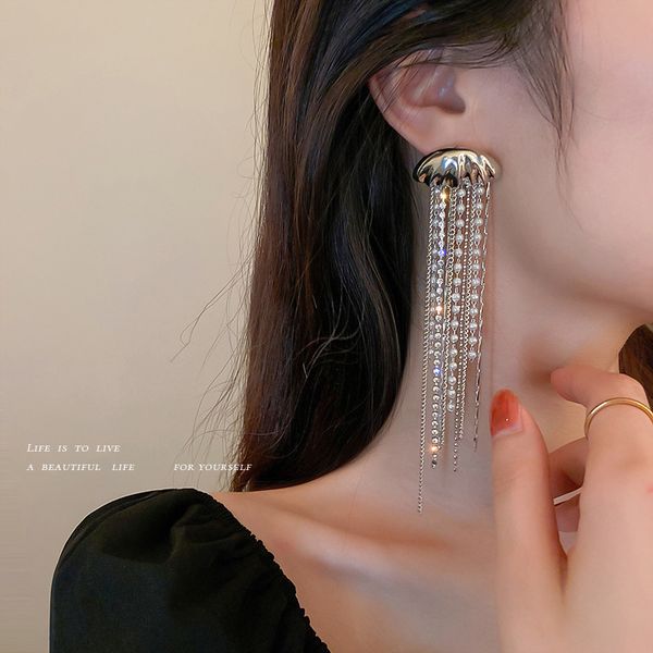 

925 silver stud rhinestone-encrusted pearl tassel jellyfish earrings single european and american niche design earrings fashion eardrop for, Golden