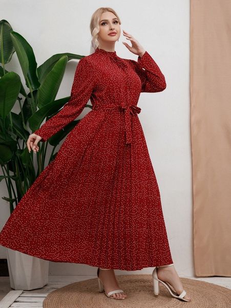 

plus polka dot tie neck pleated hem belted dress i895#, Black