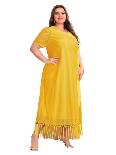 

plus v neck tassel trim maxi dress m2y3#, Black