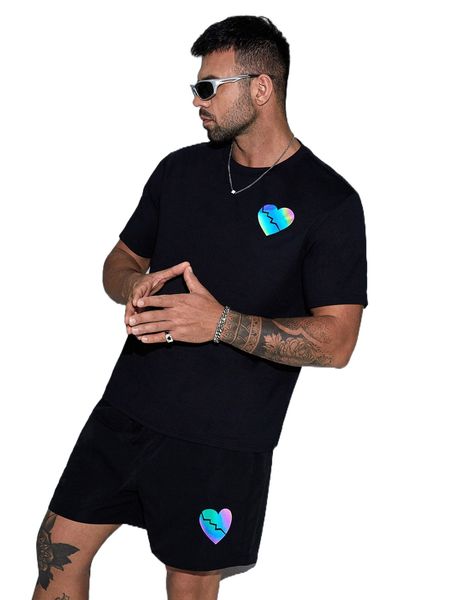 

extended sizes men heart print tee & track shorts q9hl#, Gray