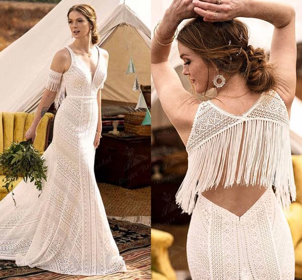 

mermaid boho bohemian wedding dress deep v neck tank open back vintage crochet lace pastrol country bridal gown abito da sposa, White