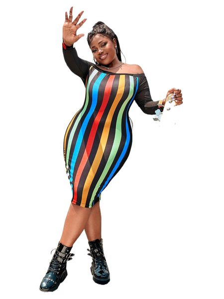 

sxy plus vertical rainbow striped off shoulder bodycon dress r2uq#, Black