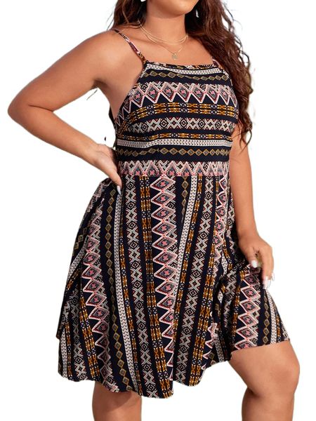 

plus geo print shirred back cami dress s43k#, Black