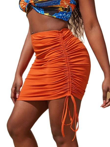 

sxy neon orange drawstring ruched bodycon skirt l6to#, Black