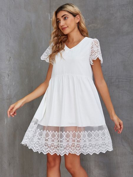 

lace panel smock dress 64nz#, Black;gray