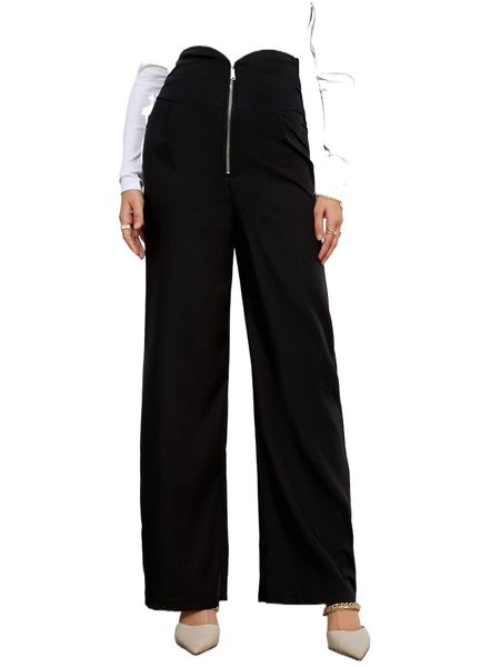 

zip fly wide leg pants c3la#, Black;white