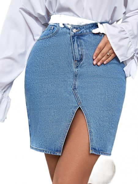 

high waist slit hem denim skirt v2ie#, Black