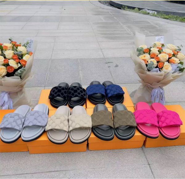 

pool pillow designer slippers velcro sandals luxury-smooth calfkin slides revival flat mules summer beach slipper with box size 35-45, Black