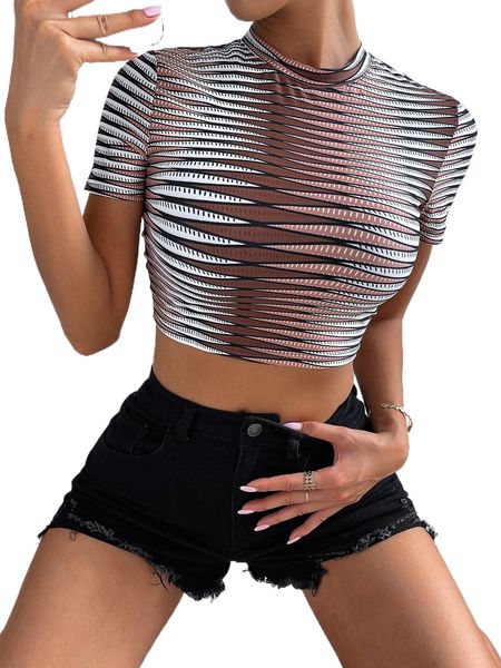 

sxy allover print mock neck crop tee z6dj#, White