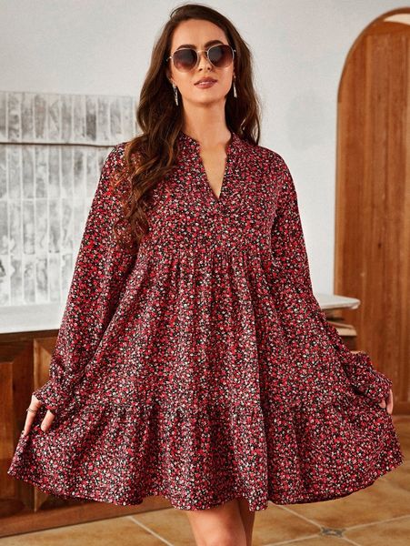 

ditsy floral print notched lantern sleeve dress u91x#, Black;gray