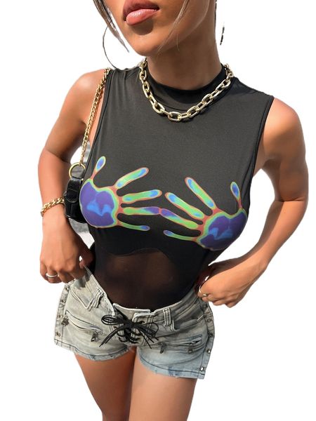 

hand print contrast mesh mock neck tank bodysuit j9jz#, White