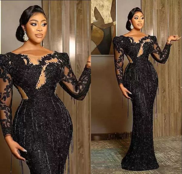 

aso ebi arabic plus size evening dresses black luxurious mermaid prom dress lace beaded tassel sheer neck formal party second rece7808054, Black;red