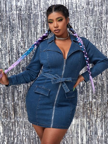 

plus zip up belted denim dress t3cx#, Black
