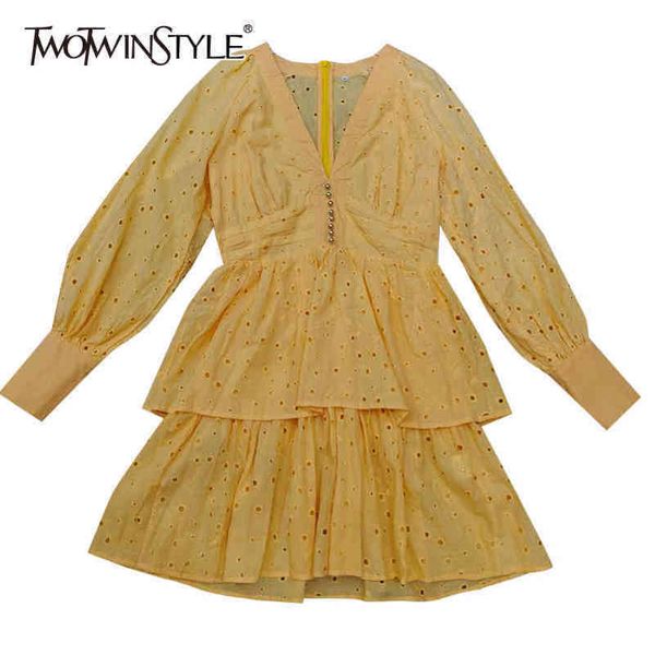 

elegant hollow out spring dress female v neck long sleeve high waist midi tunic dresses for women fashion 210423, Black;gray