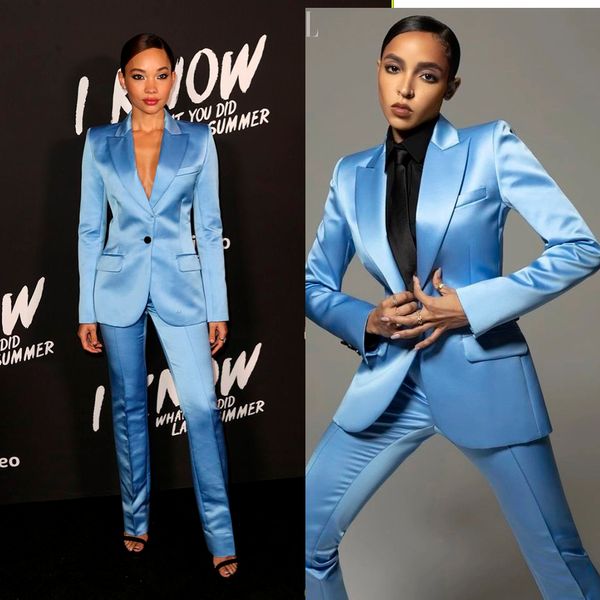 Brillante satén azul mujer pantalones trajes conjunto de dos piezas 2022 Slim Fit señoras Blazer chaqueta traje de negocios